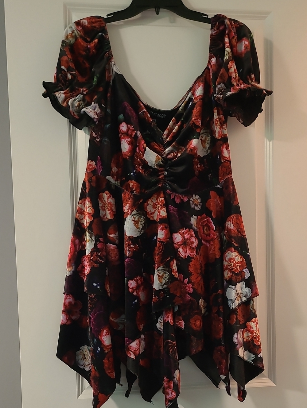 Current Mood Black Floral Asymmetrical Handkerchief Hem Dress